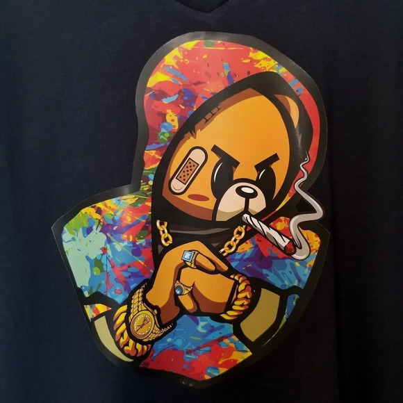 Mens Tshirt Navy Blue Bear Gangster Rapper Smoking Graphic Large Vneck NWT - Picture 2 of 2